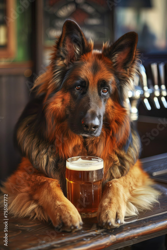 german shepherd dog in pub with beer, funny picture