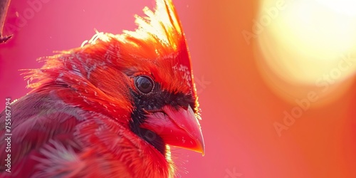 A red cardinal displays its beak in photorealistic detail against a sky pinked by the setting sun. Close-up of a cardinal under the magical touch of the twilight sun in tonal reproduction. photo