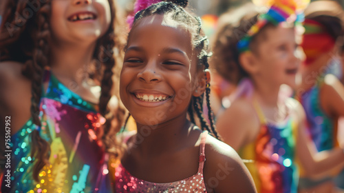 Happy young mutiracial children dancing and celebrating pride festival. AI generated childhood party