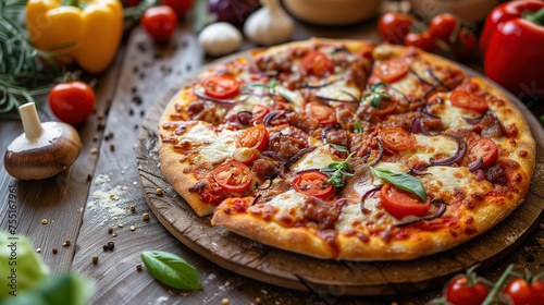 A supreme pizza arranged on a wooden surface with fresh ingredients surrounding it