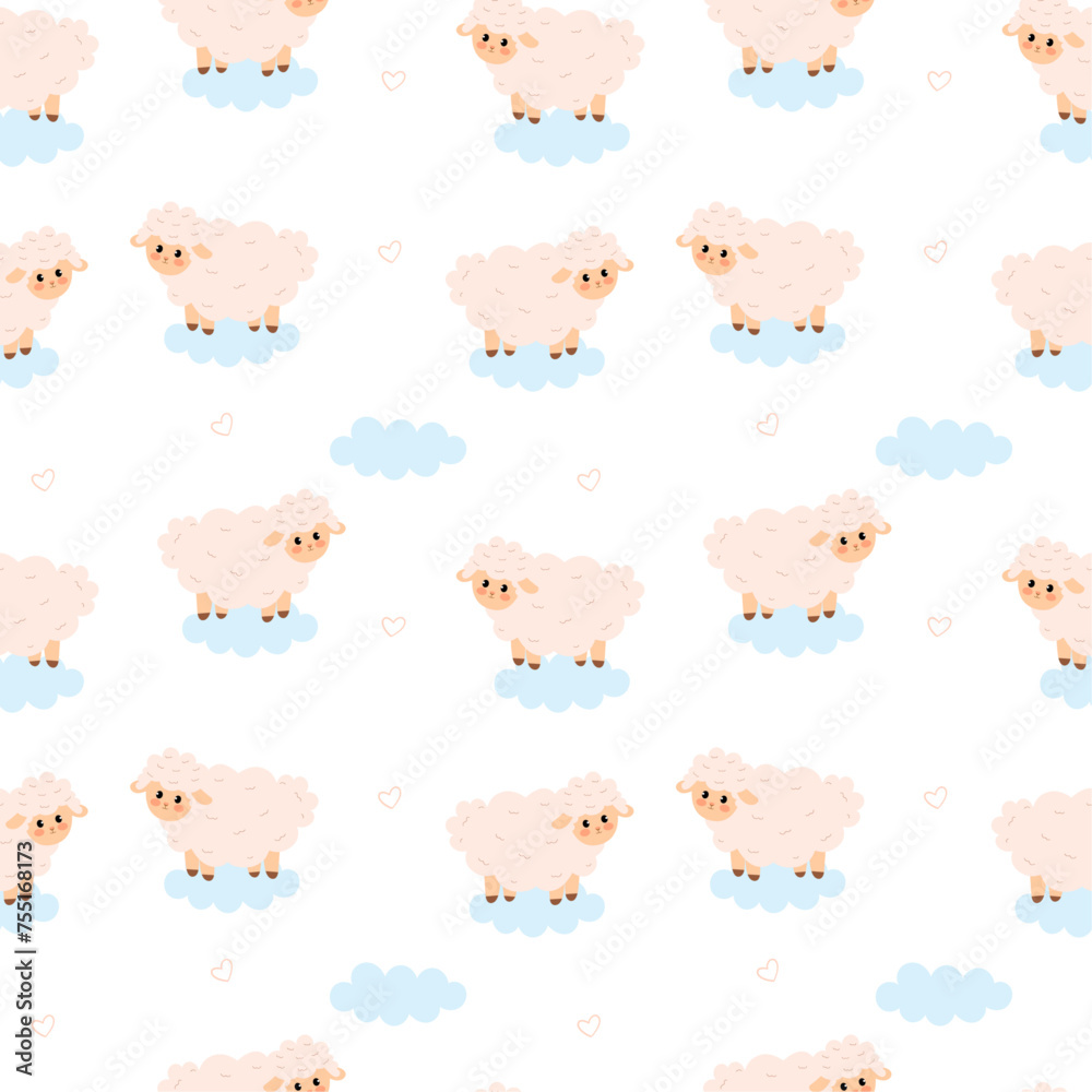 Obraz premium Seamless pattern with cute sheep and clouds. Sweet dreams, animal pattern, vector illustration, flat style. Kids design for fabric and decor.