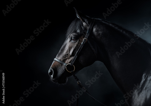 black stallion with long mane run against dramatic sky in dust a dark horse stands in the water in a pond at sunset in the darkness and of fog light a racer runner stallion beautiful photo close shot © Dm