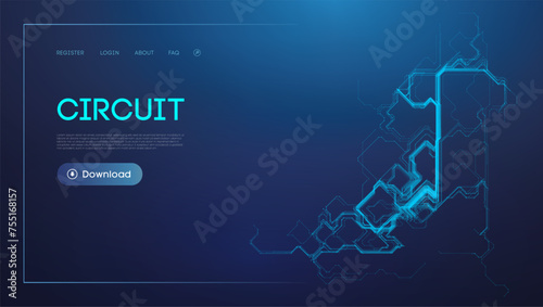 Electric blue circuit design on dark background