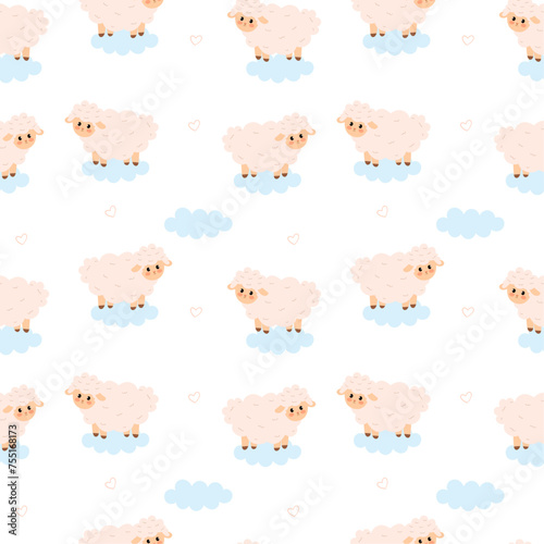 Seamless pattern with cute sheep and clouds. Sweet dreams, animal pattern, vector illustration, flat style. Kids design for fabric and decor.