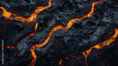 Abstract design of molten lava cracks cooling on black volcanic rock, resembling an alien landscape.