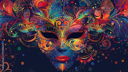 Abstract design inspired by Venetian carnival masks, with vibrant colors and intricate patterns against a dark background.