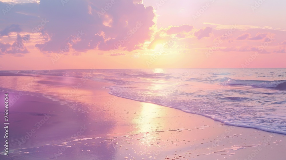 Fototapeta premium Beach serenity at sunset with sun rays and clouds. Pink and purple hues reflecting on ocean at dusk. Calm sunset view with sun's reflection on water.