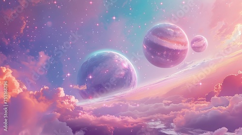Surreal celestial scenery with vibrant planets and pink clouds. Dreamlike space illustration with glowing celestial bodies. Fantastical cosmic view with planets amid starlit pink clouds.