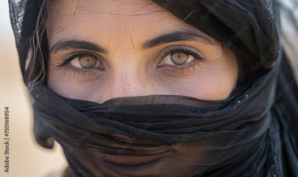 woman's captivating gaze through a sheer black veil