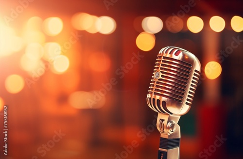 A vintage microphone on stage with blurred lights in the background