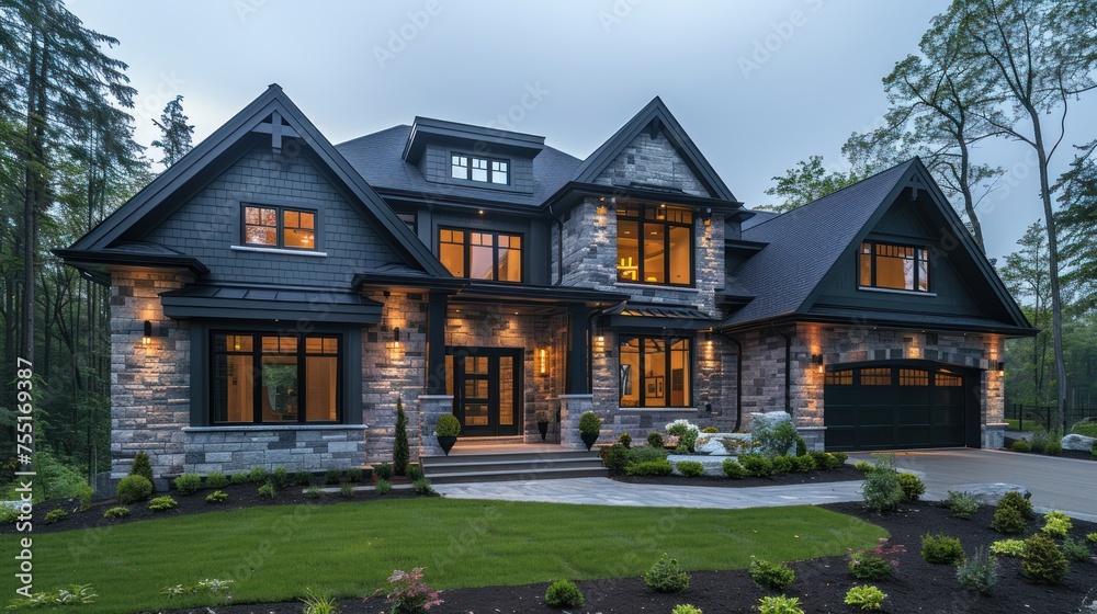 Elegant Modern Home Nestled Amidst Lush Greenery at Dusk Elegant Modern Home Nestled Amidst Lush Greenery at Dusk
