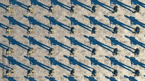 Uniform Rows of Toy Soldiers Casting Long Shadows on Textured Paper
