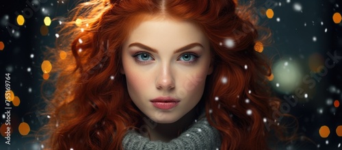 A woman with fiery red hair and piercing blue eyes is sporting a cozy sweater while gazing directly at the camera