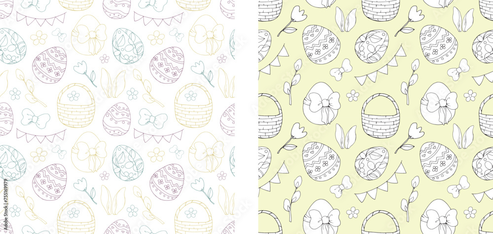 Fototapeta premium A set of Easter eggs drawn in black. Clip art. Happy Easter. Spring holiday. Easter bunny. Family traditions, painted eggs. Ink. Hand drawn. Seamless vector pattern.