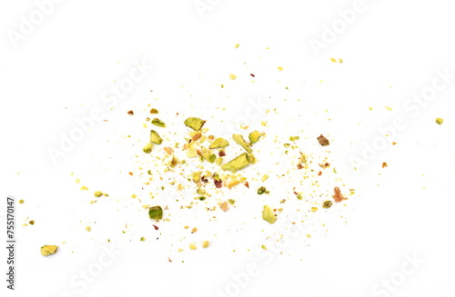 Ground, milled, crushed or granulated pistachio pile isolated on white background