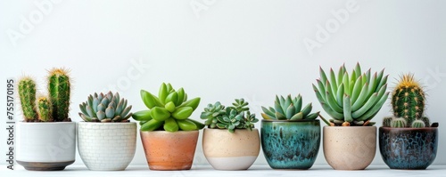 cacti and succulents in flowerpots lined up on a light background