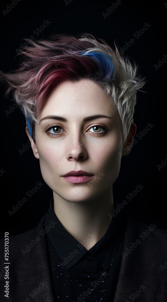 a woman with short hair on a black background