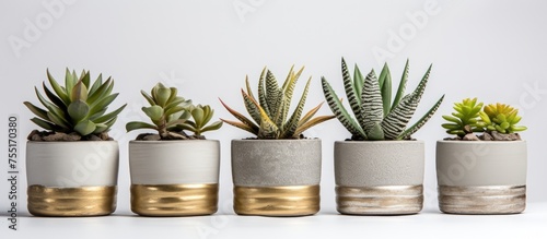 A row of plastic plants, including succulents, cacti, and green leaves, are stacked on top of each other in small cement pots with a gold-colored band.