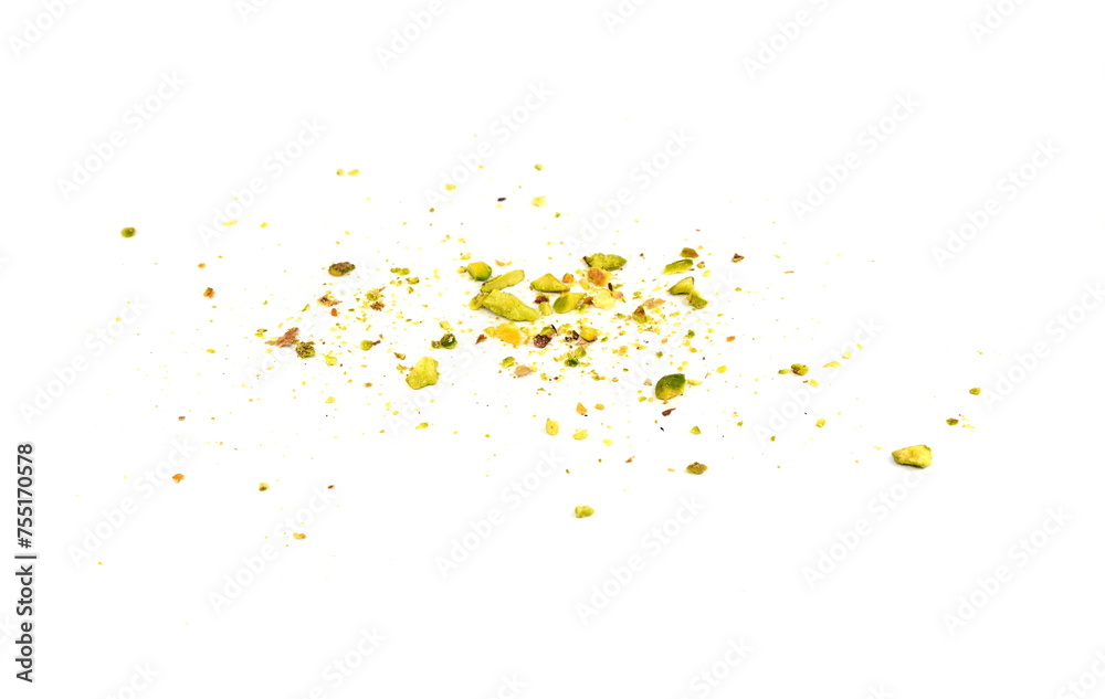 Ground, milled, crushed or granulated pistachio pile isolated on white background