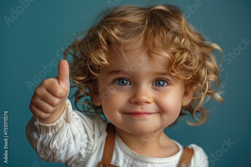 professional phot of a toddler giving a thumbs up on blue background  Little girl with curly hair on blue background shows thumbs up gesture. generative AI
