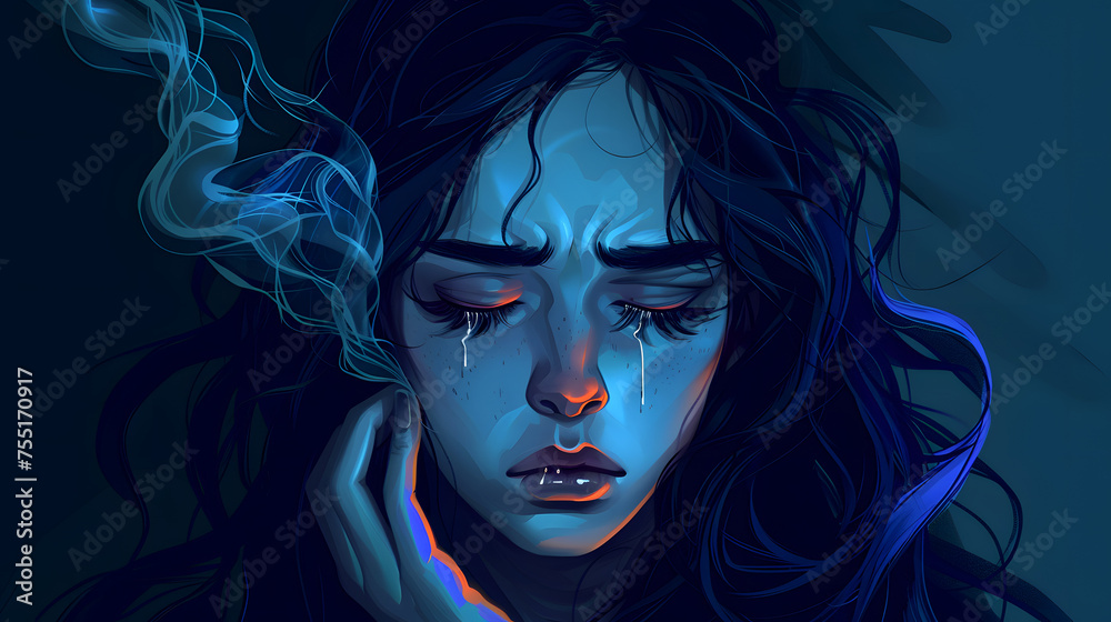 Melancholy in Blue: A Poignant Portrait of a Crying Woman with Glowing Tears