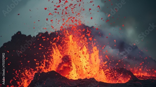 Close-up of a volcanic eruption with molten lava spewing against a dark, smoke-filled sky. photo