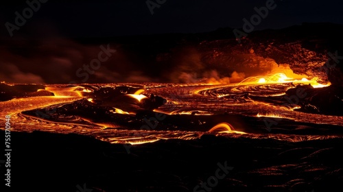 Close-up of lava flowing from a volcano at night, illuminating the dark landscape with a bright, molten glow.