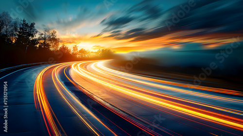 Speed of Light: Long Exposure of Traffic on Highway at Sunset