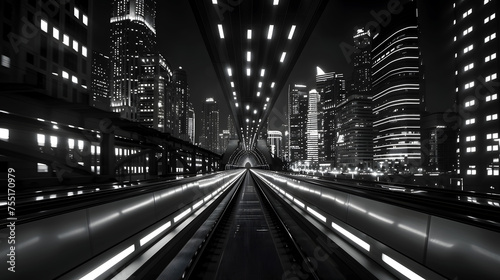 Monochrome Metropolis: Futuristic Cityscape with Light Trails in a Modern Urban Tunnel