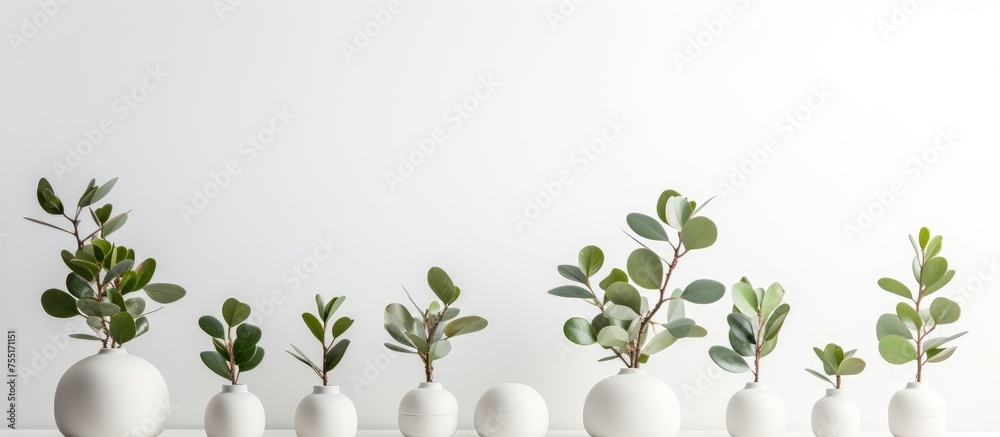 A row of white vases filled with various plants, including zamioculcas, set against a gray background in a minimalist Scandinavian interior. The poster features selective focus on the green sprigs A row of white vases filled with various plants, including zamioculcas, set against a gray background in a minimalist Scandinavian interior. The poster features selective focus on the green sprigs