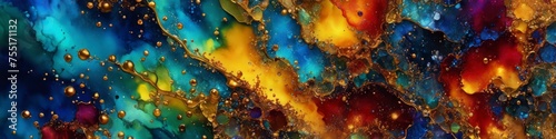 Colorful multicolored painting alcohol ink abstract background with gold splashes. Modern illustration for web design, banner design, interior design, fabric.