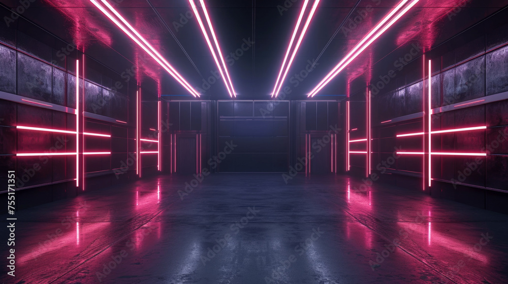 Dark neon garage interior, inside futuristic studio or hall, modern concrete building room. Concept of led light, industry, warehouse, background