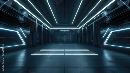 Dark modern garage, inside futuristic studio or hall, building room interior. Concept of led neon light, warehouse, background, construction