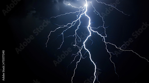 Lightning in storm at night, electric flash of thunder on dark blue sky background. Concept of thunderbolt, thunderstorm, strike, bolt, light, nature © karina_lo