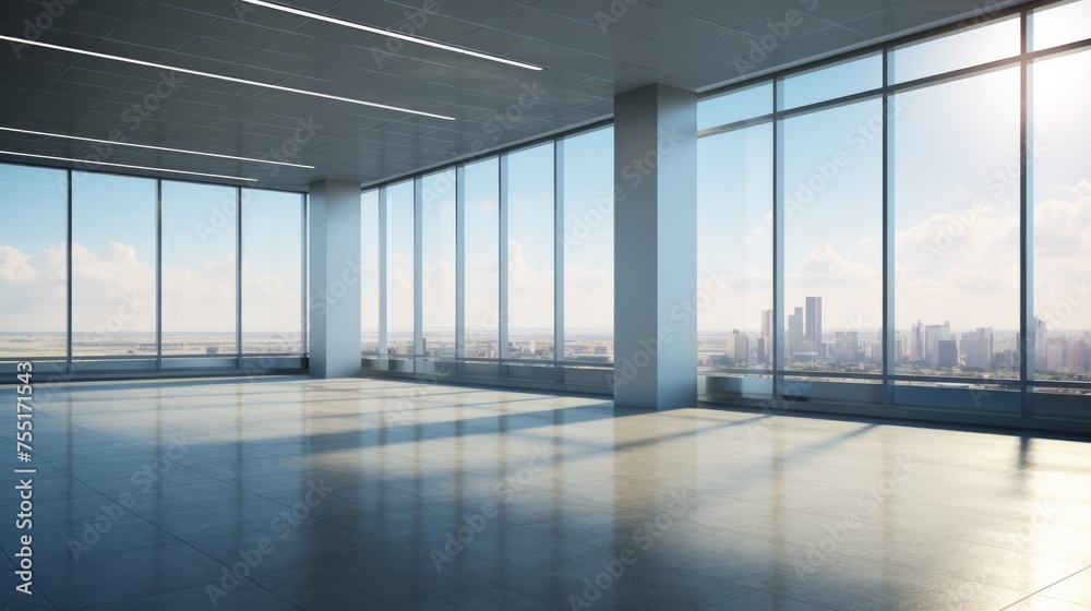 Modern empty business office with panoramic windows and urban background. Concept of contemporary architecture, corporate spaces, business environments. Modern empty business office with panoramic windows and urban background. Concept of contemporary architecture, corporate spaces, business environments.