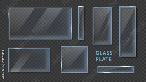 Glass plates template realistic set isolated on dark background. 3d clear glass banner or frame. Acrylic and glass texture with glares and light