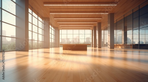 Contemporary office design featuring large windows and panoramic urban backdrop. Wooden design. Concept of high-end corporate space  natural lighting  and business environment