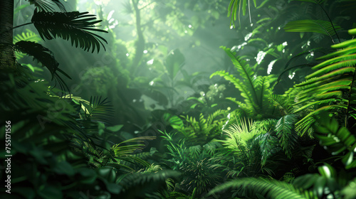 A mysterious and atmospheric depiction of dense jungle foliage in a shadowy light  evoking a sense of wonder