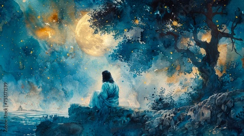 Watercolor illustration of Jesus Christ in prayer in the Garden of Gethsemane, under a moonlit sky the night before Easter. Concept of faith, Easter, resurrection, Christian beliefs, religious. Art photo