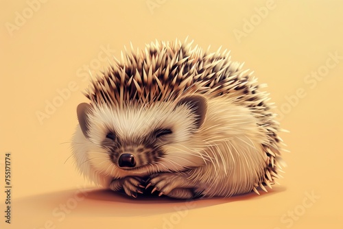 A small hedgehog is sitting on top of a table, its quills slightly raised. The table surface is smooth and wooden, with no other objects nearby photo