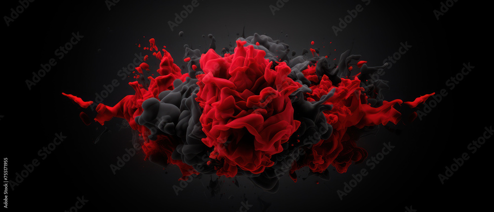 Stark contrast monochrome smoke cloud art, presenting a bold red against a deep black backdrop