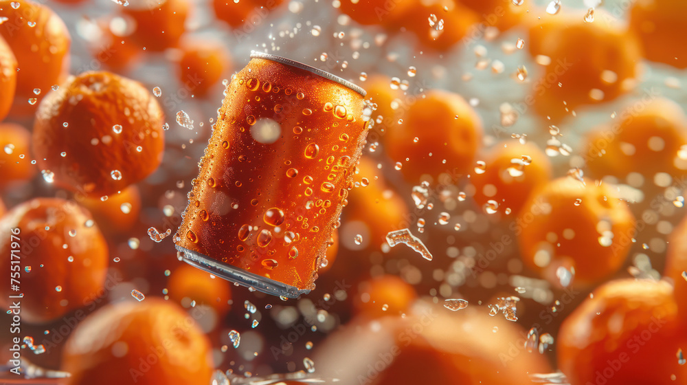 Levitating soda can with effervescent water droplets, brilliantly contrasted against a backdrop of buoyant oranges Levitating soda can with effervescent water droplets, brilliantly contrasted against a backdrop of buoyant oranges
