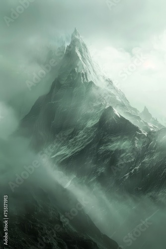 A mystical mountain peak shrouded in mist, rumored to be the home of powerful sorcerers and ancient dragons