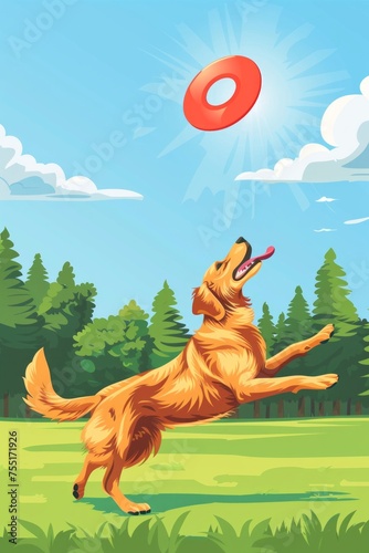 A golden retriever dog excitedly jumps into the air, mouth wide open, catching a frisbee mid-flight. The dogs fur is in motion, and the blue sky can be seen in the background © Vit