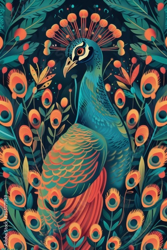 A regal peacock displaying its colorful feathers in full splendor