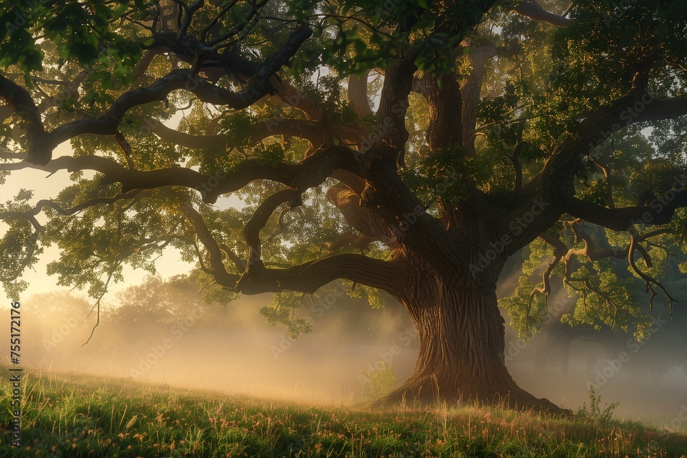 Fototapeta premium Misty Morning Light Shrouding an Ancient Oak Tree, Its Branches Stretching Outward as Guardians of History, Celebrating Conservation and Heritage on Earth Day