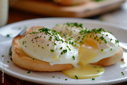 Poached white eggs on English muffins, garnished with chives and pepper, served on a plate, embody the appeal of gourmet brunch and culinary finesse. © Silga