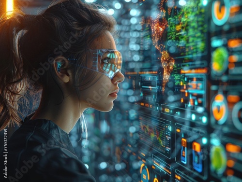 A woman with futuristic glasses closely examines a large digital display of data on a wall.