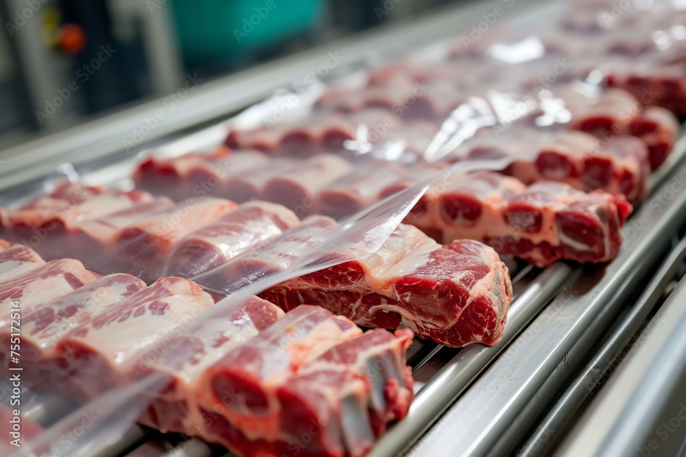 Vacuum-sealed red meat on a production line, representing cultured meat technology, mass production, and the complexities of food processing and sustainability.