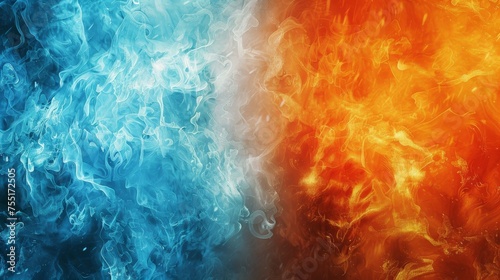 Dynamic fire orange and ice blue textured background, symbolizing contrast and balance. © furyon